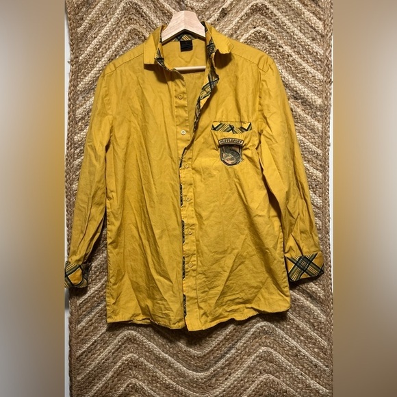 Harry Potter Tops - Harry Potter Women's Hufflepuff Yellow Plaid Button Up Long Sleeve Shirt,Size S
